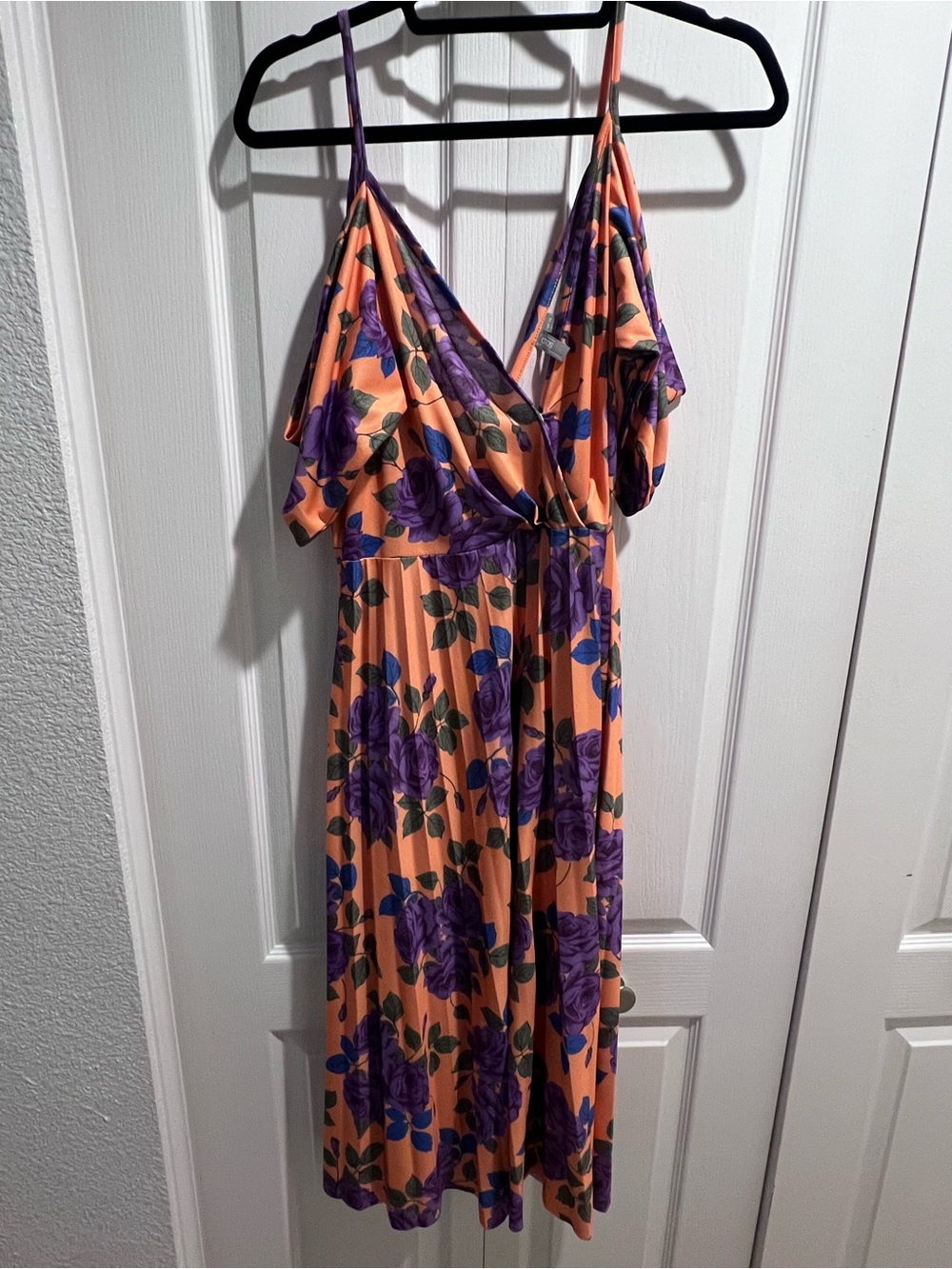 ASOS Orange Floral V-Neck Cold Shoulder Sleeve Midi Dress Purple Roses Size 14